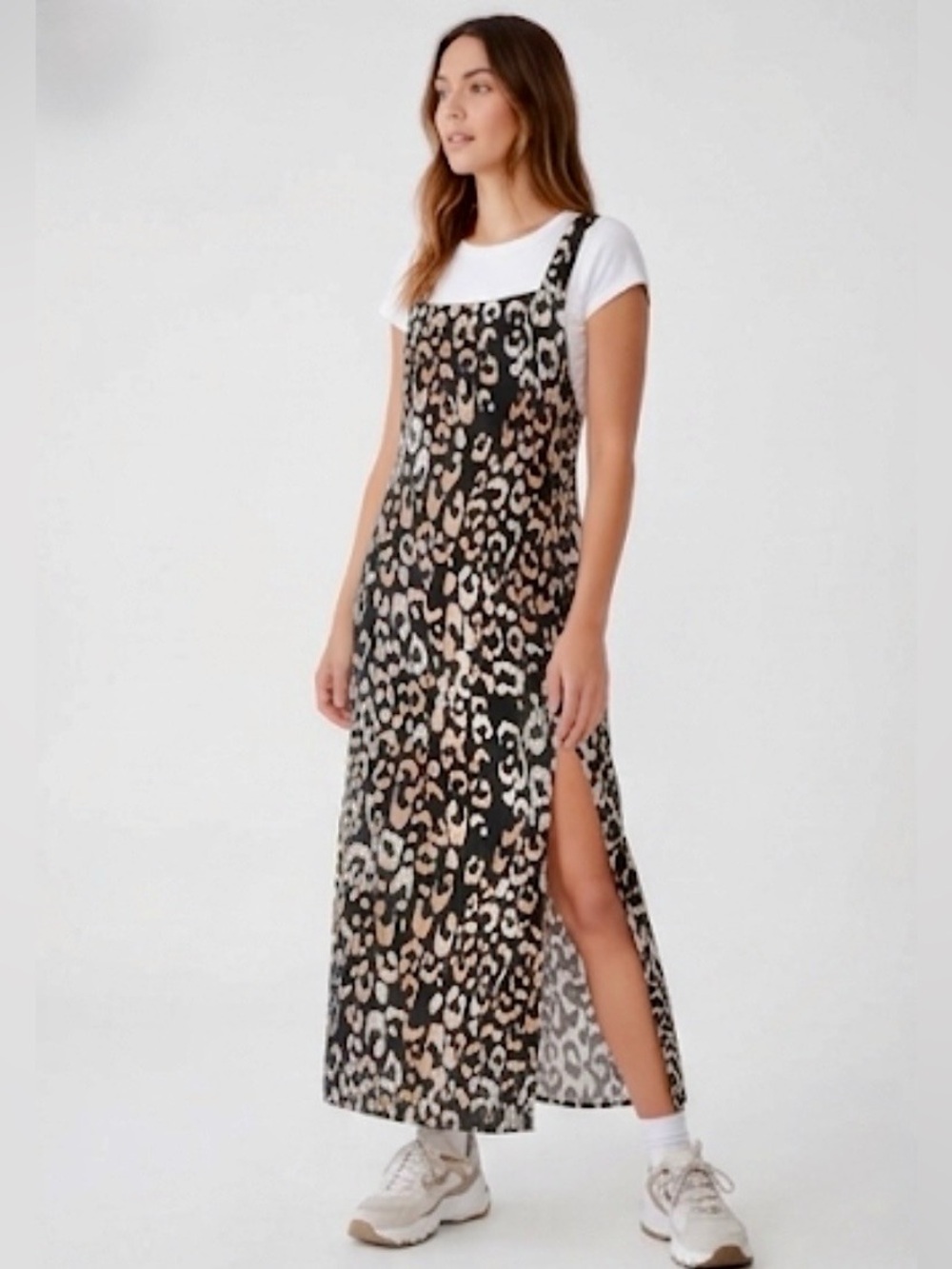 Crimson & Clover Leopard Print Maxi Dress - Button Back & Side Slit - Size S